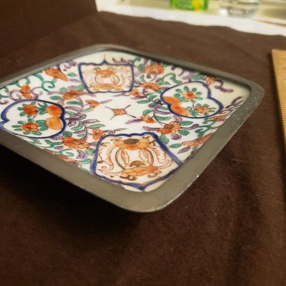 Vtg A.C.F. Japanese Porcelain Ware Bowl Wrapped Pewter Floral Hong Kong decorate - Picture 9 of 16